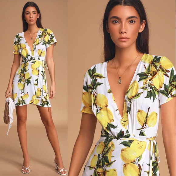 Lulus Dresses & Skirts - Lulus A La Tart White and Yellow Lemon Print Wrap Dress